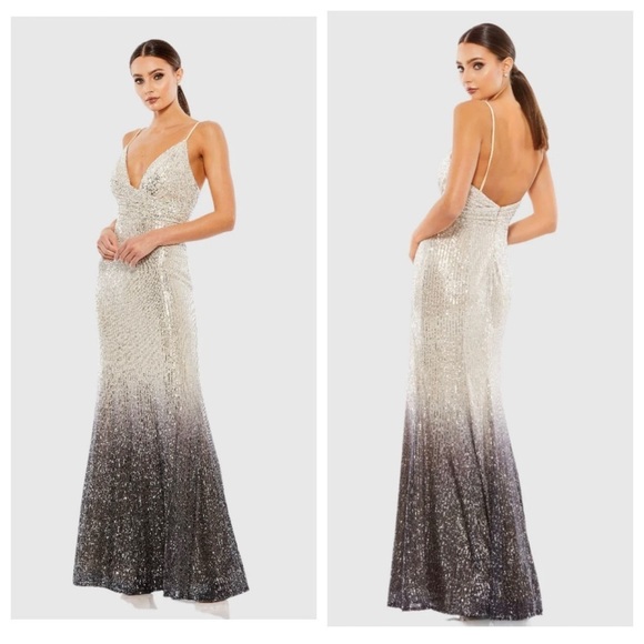 Mac Duggal Silver Ombré Sequin Plunging V Neck Formal Evening Prom Gown Size 6 - Picture 1 of 10